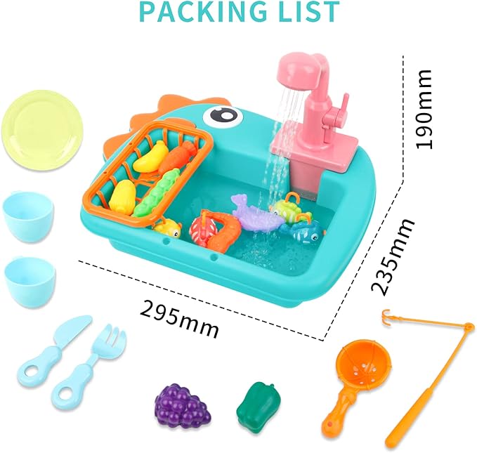 Ruibytree Play Kitchen Sink Toy, Water Toys for Kids with Electronic Dishwasher, Pretend Play Utensils Accessories and Play Cutting Food for Boys and Girls (Dinosaur)