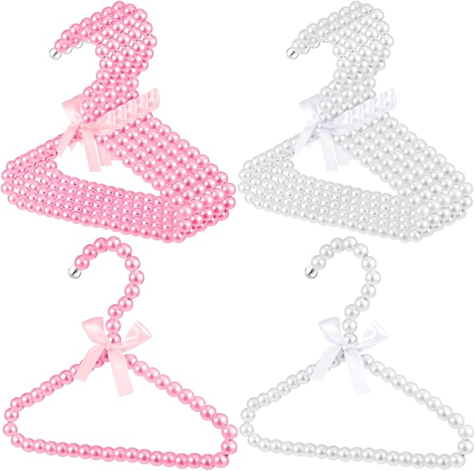Wesiti 10 Pcs Small Pearl Hanger Mini Pearl Metal Elegant Clothes Hangers with Ribbon for Women Dog Cat (Pink,White)