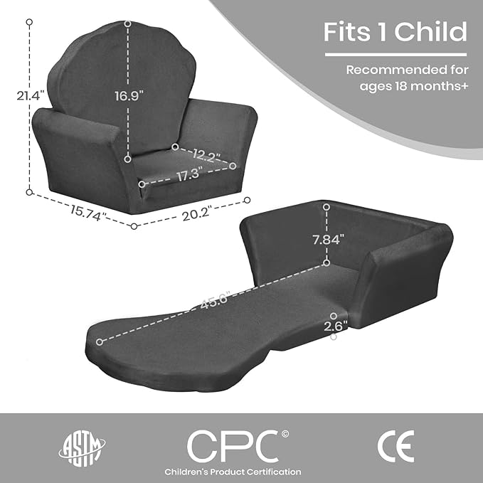 COSYLAND Kids Sofa for Toddler, 2-in-1 Folding and Expandable Soft Chair Bed Toddlers,Convertible Sofa to Lounger Sleeper Chair Bed for Girls and Boys,Dark Gray