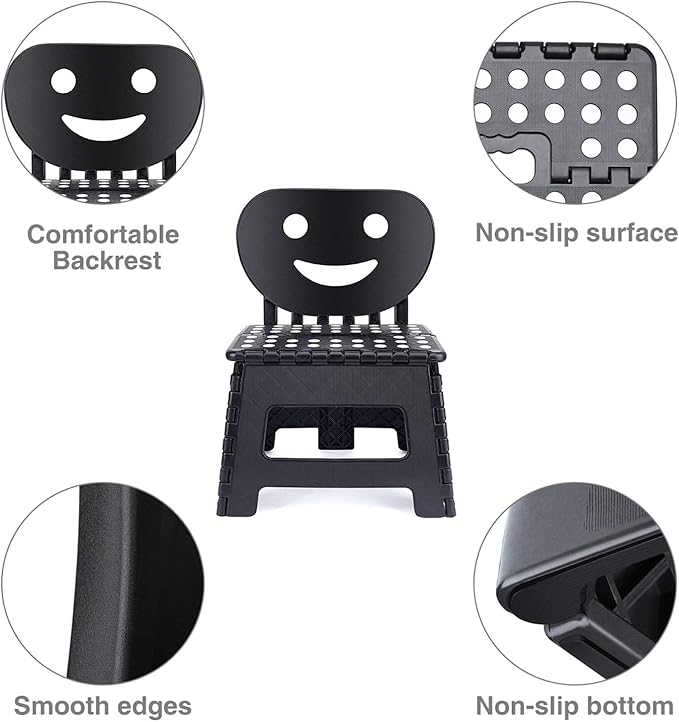 ACSTEP Folding Step Stool with Back Support for Kids,9" Kids Step Stool for Outdoor or Indoor Kitchen Step Stools and Bathroom Stool for Toddlers Boys Girls - Black, 10 Pack
