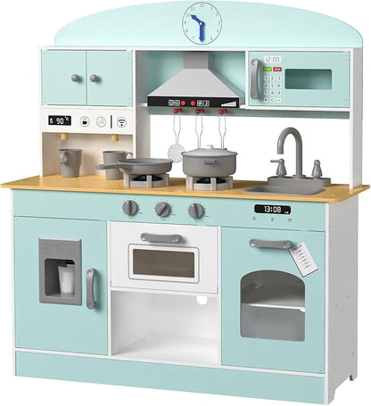 Babytronic Wooden Play Kitchen Set, Pretend Play Kitchen with Lights and Sounds for Kids Ages 3+, Includes Stove, Oven, Microwave, Coffee Maker, and Accessories, Toy Kitchen Set for Toddlers (Blue)