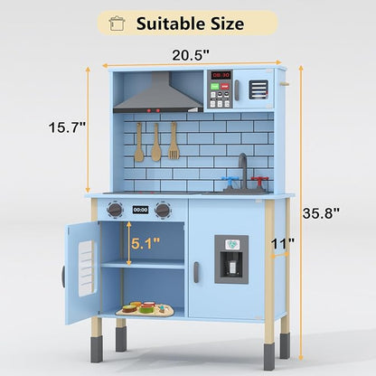 Play Kitchen for Kids, Wooden Kitchen Playset with Fruit Set, Light, Stove, Sink and Accessories, Interactive Toy Kitchen Gift for Boys Girls, Blue