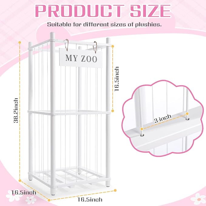GLDZI Stuffed Animal Storage Zoo, Wooden Stuffed Animal Organizer with Elastic Cords for Boys Girls, Space Saving Toy Plushies Storage Holder for Playroom, Bedroom, Living Room (White, Small)