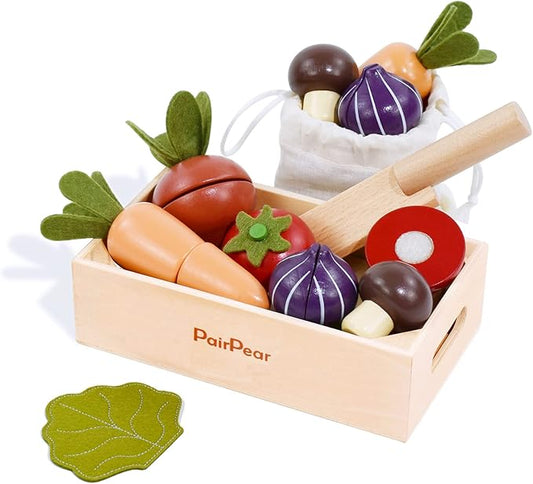PairPear Wooden Play Food Cutting Vegetables Set - Wooden Toys for Toddlers Toy Food Play Kitchen Accessories