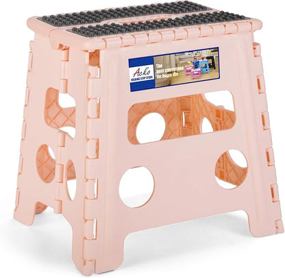 ACKO 10pack Folding Step Stool 13 Inch Stool Heavy Duty Plastic Foldable Step Stools for Kids, Stepping Stool with Handle, Folding Stool Suitable for Kitchen Hold Up to 300 LB (Sakura Pink)