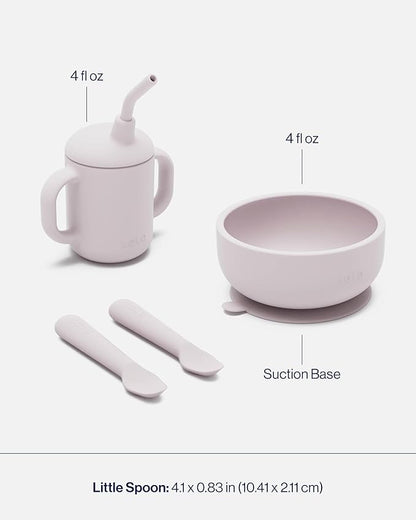 Lalo First Bites Silicone Baby Feeding Set - Baby Led Weaning Supplies - Non-Toxic Silicone - Includes 2 Spoons, Training Cup, & Suction Bowl - 4 Pieces - Lavender