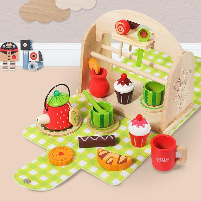 Wooden Tea Party Set for Toddler - Wooden Tea Set Pretend Role Play Kitchen Toy with Carrying Case, 3-5 Year Old Kids Girls Boys Birthday