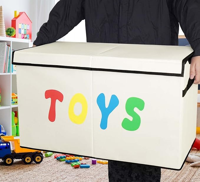 YOLOXO Toy Box Chest, Collapsible Sturdy Storage Bins with Lids, Extra Large Kids Toy Storage Organizer Boxes Bins Baskets for Kids, Boys, Girls, Nursery Room, Playroom, Closet (New Beige)