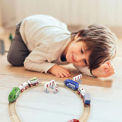 Wooden Train Set for Toddlers Battery Operated Action Rescue Trains with 3 Magnetic Motorized Engines and 6 Cars, Compatible with Thomas, Brio, Melissa and Doug