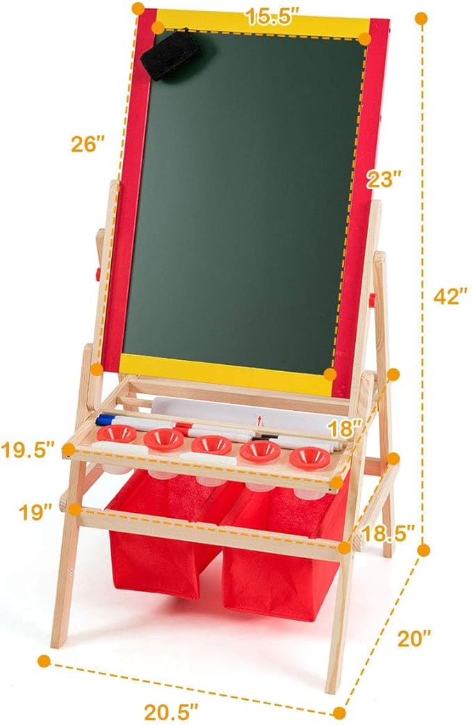 HONEY JOY Easel for Kids, Wooden Double-Sided Standing Toddler Easel w/Magnetic Chalkboard & White Board, Paper Roll, Painting Accessories, Magnetic Alphabet, Art Easel for Boys and Girls, Red