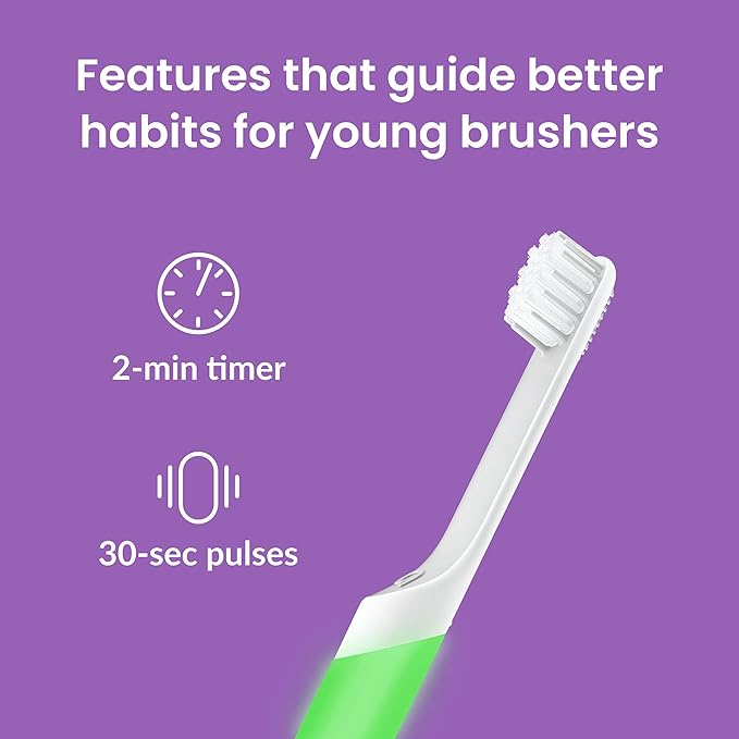 Quip Sonic Toothbrush for Kids with Timer - Includes Extra Brush Head and Travel Cover Mount - Electric, Soft Bristle Refill Head, Rubber Handle, 3 Month Battery Life - Glow in The Dark, Green