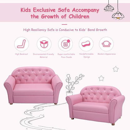 Costzon Kids Couch, 2 in 1 Princess Double Seat Children's Sofa w/PU Leather Surface, Toddler Armrest Chair for Bedroom, Kids Room, Mini Sofa for Kids Loveseat Baby Girls Birthday