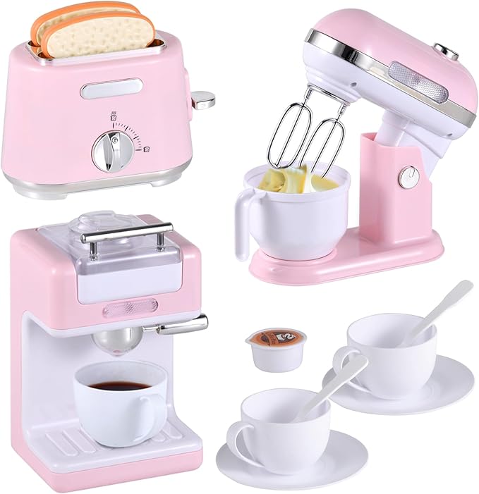 Kitchen Appliances Toys, Play Kitchen Accessories, Toy Kitchen Appliances for Kids, Pretend Kitchen Toys with Coffee Maker, Mixer and Toaster, Toy Kitchen Set Birthday Gift for Kids Ages 3+ (Pink)