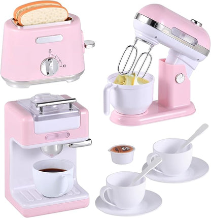 Kitchen Appliances Toys, Play Kitchen Accessories, Toy Kitchen Appliances for Kids, Pretend Kitchen Toys with Coffee Maker, Mixer and Toaster, Toy Kitchen Set Birthday Gift for Kids Ages 3+ (Pink)