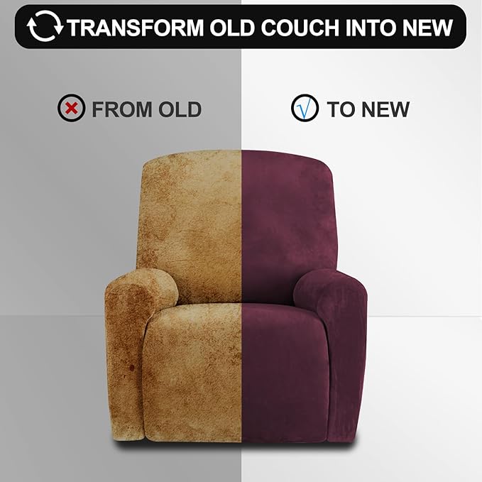 FestiCorp Recliner Chair Covers Real Velvet 4-Pieces Recliner Covers for Small Lazy Boy Recliner Chair Stretch Recliner Sofa Slipcovers Furniture Protector with Side Pocket & Elastic Bottom, Burgundy