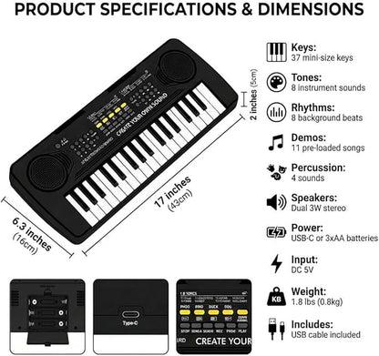 Raimy Piano Keyboard for Kids, 37 Keys Portable Keyboard Piano Early Learning Educational Electronic Musical Instrument Toys Gifts for 3 4 5 6 7 8 9 Year Old Boys and Girls (Black)