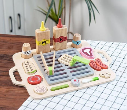 Wooden Kitchen Sets for Kids,Pretend Cooking Food Playset-BBQ Grill Toy with Food & Kitchen Toy Accessories,Wooden Play Food Barbecue Toys for 3 4 5 6 Year Old Boys&Girls,Pretend Playset for Kids 3-5