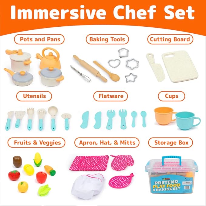 Kids Cooking and Baking Chef Set with Sliceable Play Food - Pretend Play Toddler Kitchen Toys - Kid Chef Apron, Fruit, Veggies, Hat & Utensils Kids Toy (Chef Set with Play Food)