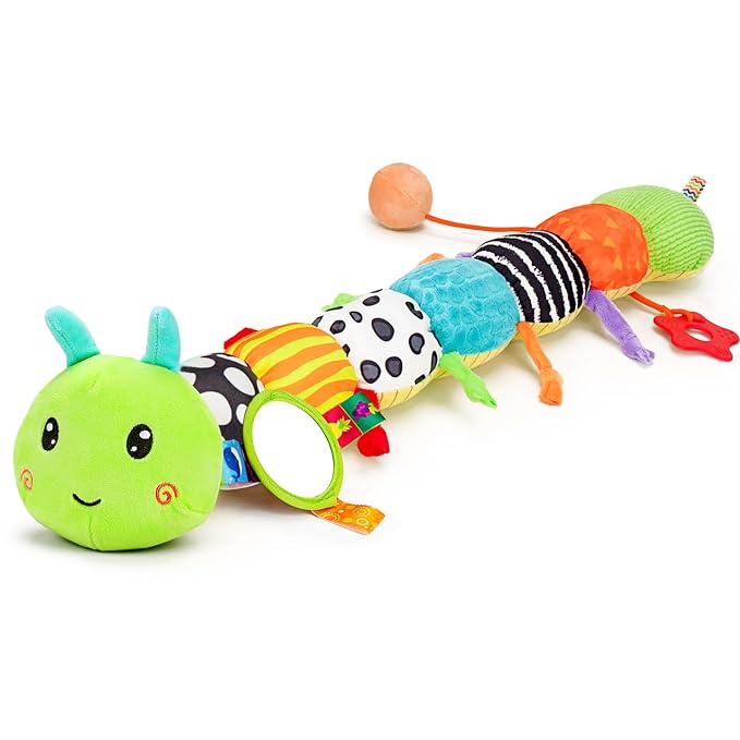 Baby Sensory Toy 0-6 Month Music Animal Stuffed Plush Caterpillar Toy for Infant 0-3-6-12 Month Old Tummy Time with Mirror Crinkle Rattle Toys for Newborn Boys Girl Shower Gifts Easter Basket Stuffer