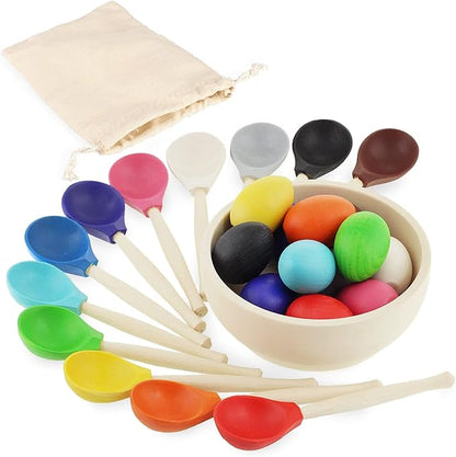 Ulanik Eggs and Spoons Toddler Montessori Toys for 1 Year Old + Kids Wooden Eggs Baby Matching Game for Learning Color Sorting and Counting — 12 pcs, 1.8 in