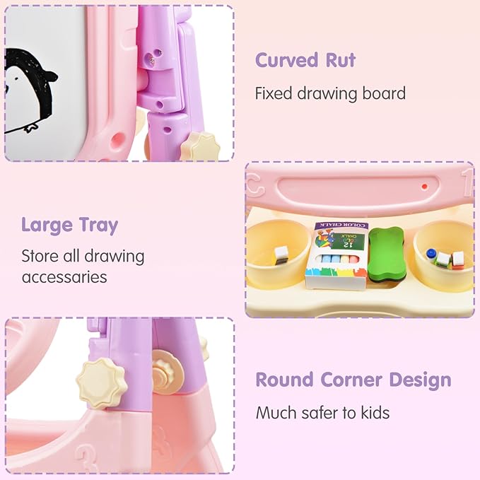 Kids Art Easel, Adjustable Drawing White Board & Chalk Board, Toddler Standing Easel with Painting Accessories, Gift for Girls Boy (Pink)