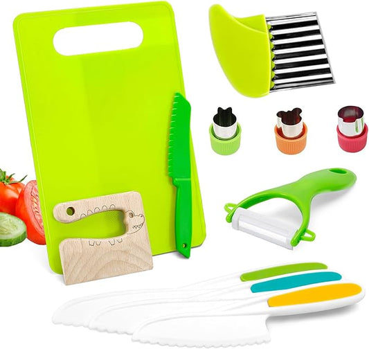 11 PCS Montessori Kitchen Tools and Safe Cooking Sets for Toddlers – Explore Real Cooking with Toddler-Friendly Plastic Knives, Crinkle Cutter, and Cutting Board