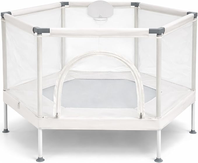 Kids Trampoline, Aesthetic Indoor and Outdoor Toddler Trampoline with Safety Net, Basketball Hoop, 220lb Capacity, Ultra Safe No-Gap Design, Gifts for Boys & Girls