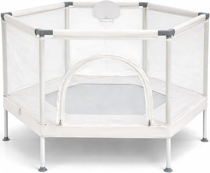 Kids Trampoline, Aesthetic Indoor and Outdoor Toddler Trampoline with Safety Net, Basketball Hoop, 220lb Capacity, Ultra Safe No-Gap Design, Gifts for Boys & Girls
