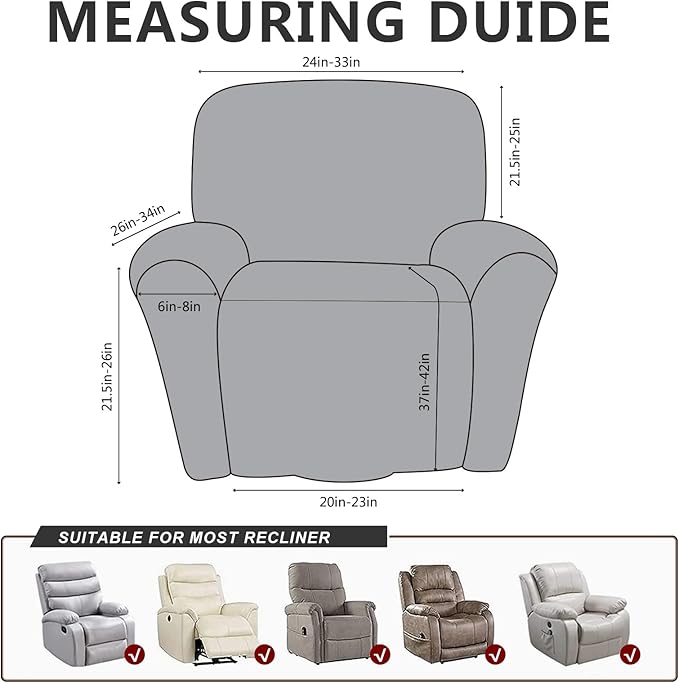 Leather Like Recliner Chair Covers Heavy Duty, 4 Pieces Lazy Boy Recliner Cover for Recliner Chair, Leather Cover for Recliner slipcovers Washable for Pets (Light Grey 2)