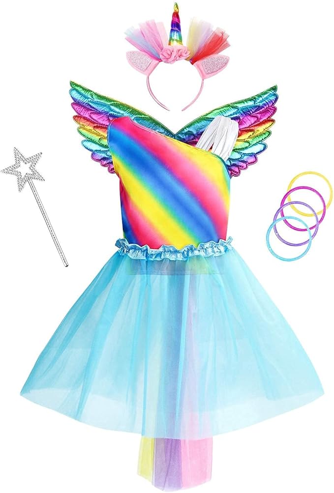 Jeowoqao Girls Princess Dress up Trunk Set 19 Pcs, Girls Rainbow Costume Set, Toddler Girls Dress up Clothes Pretend Play Costumes Set for Little Girl Ages 3 4 5 6