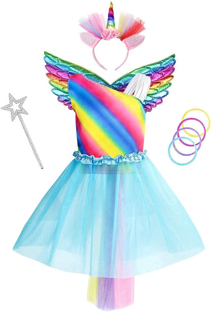 Jeowoqao Girls Princess Dress up Trunk Set 19 Pcs, Girls Rainbow Costume Set, Toddler Girls Dress up Clothes Pretend Play Costumes Set for Little Girl Ages 3 4 5 6