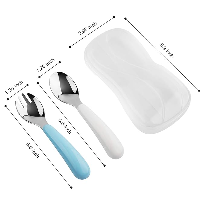 Kirecoo 2 Set Toddler Utensils, Toddler Forks and Spoons, Stainless Steel Toddler Silverware Set, Designed for Self Feeding Flatware Set with Travel Carrying Cases BPA Free (White & Aqua)