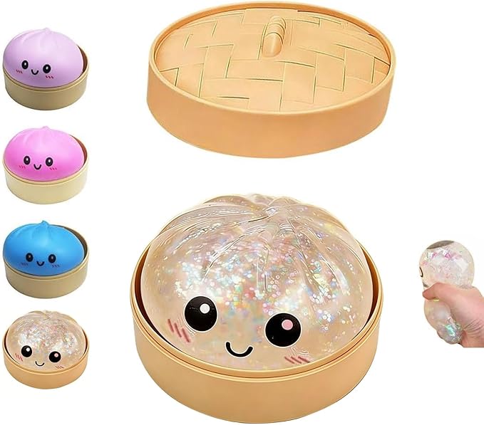 Dumpling Squishies Toy, Giant Glitter Dumpling, Colorful Dumplings Stress Balls Fidget Sensory Toy,Soft Squeeze Decompression Dough with Food Steamer, Stretchy Desk Toys (White)