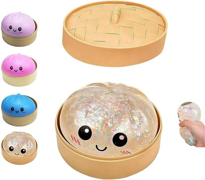 Dumpling Squishies Toy, Giant Glitter Dumpling, Colorful Dumplings Stress Balls Fidget Sensory Toy,Soft Squeeze Decompression Dough with Food Steamer, Stretchy Desk Toys (White)