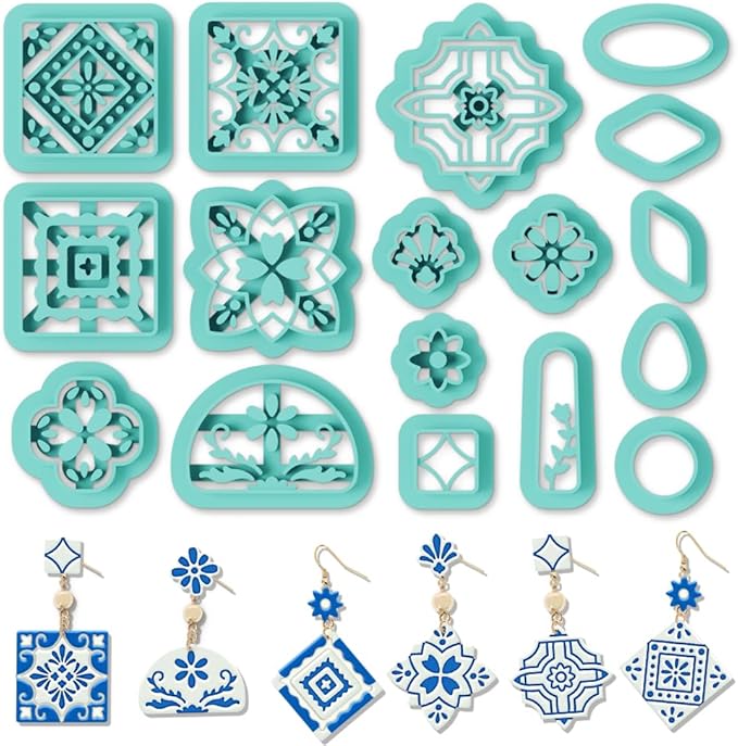 ORIGACH 17 Pcs Portuguese Peranakan Tiles Polymer Clay Cutters, Mediterranean Flower Frame & Tiles Design Clay Cutters for Polymer Clay Jewelry Earrings with a Clear Storage Box