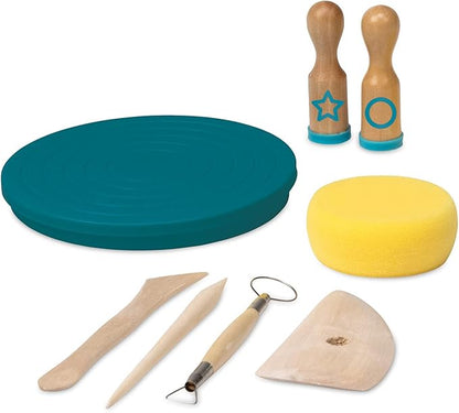MindWare Beginner Pottery Tool Kit for Kids - 8 Piece Set Includes Hand Wheel, Sponge, Rib, Molding Tools and More