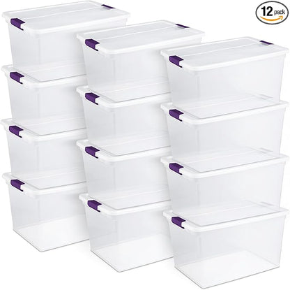 Sterilite 66 Qt ClearView Latch Storage Box, Stackable Bin with Latching Lid, Organize Clothes, Blankets, Items in Closet, Clear Base and Lid, 12-Pack