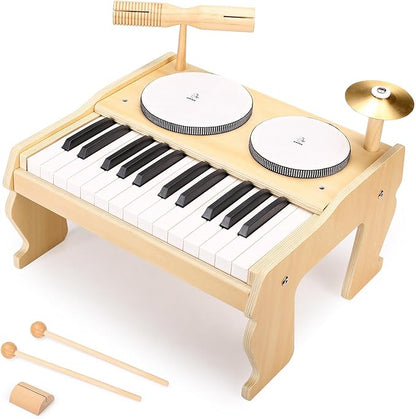 OATHX Kids Piano Keyboard, 25 Keys Digital with Drum Set and Volume Adjustable, 6 in 1 Musical Instruments for Kids Toddlers Baby Children, Wooden Mini Piano Gifts for Girls Boys Ages 3+