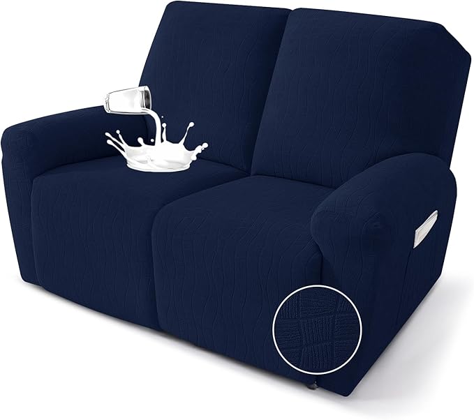 MAXIJIN Waterproof Loveseat Recliner Cover 4 Pieces Reclining Love Seat Slipcvers, Recliner Sofa Cover 2 Seater with Elastic Straps & Pockets for Pet, Kids (Loveseat Recliner, Navy Blue)