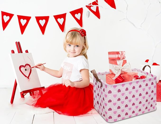 NTAOHAMPER Rectangular Pink Heart Gift Basket Empty,Fabric Storage Basket with Handles,Kids Toys/Books Box,Lovely Storage Bin,Room Decor(Pink Love)