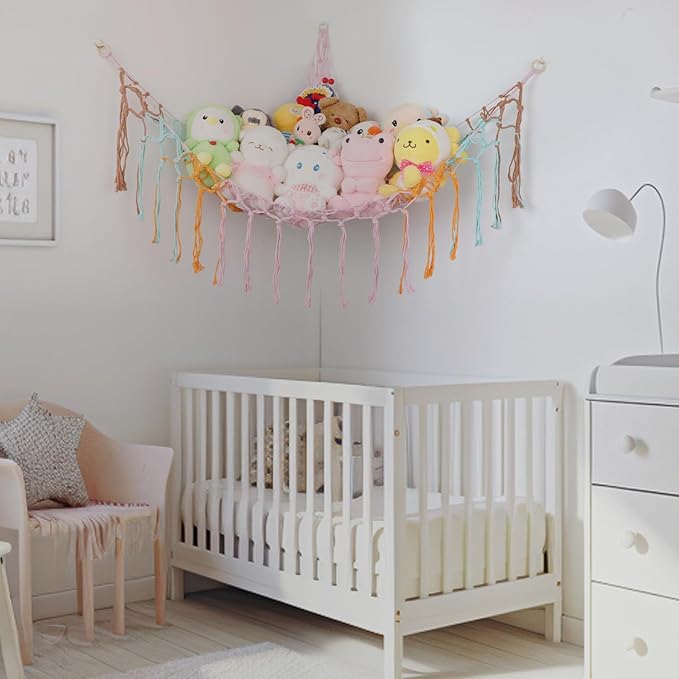 Boho Stuffed Animals Net or Hammock Large,55 inch Toy Hammock Macrame Stuff Animal Storage Corner Hanging Net Holder,Mesh Hammock Plush Toy Organizer with Hooks for Bedroom,Nursery (colorful)