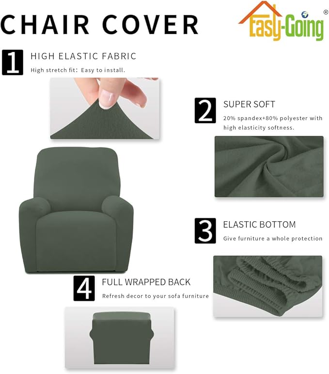 Easy-Going 4 Pieces Microfiber Stretch Recliner Slipcover – Spandex Soft Fitted Sofa Couch Cover, Washable Furniture Protector with Elastic Bottom for Kids,Pet (Greyish Green)