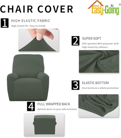 Easy-Going 4 Pieces Microfiber Stretch Recliner Slipcover – Spandex Soft Fitted Sofa Couch Cover, Washable Furniture Protector with Elastic Bottom for Kids,Pet (Greyish Green)