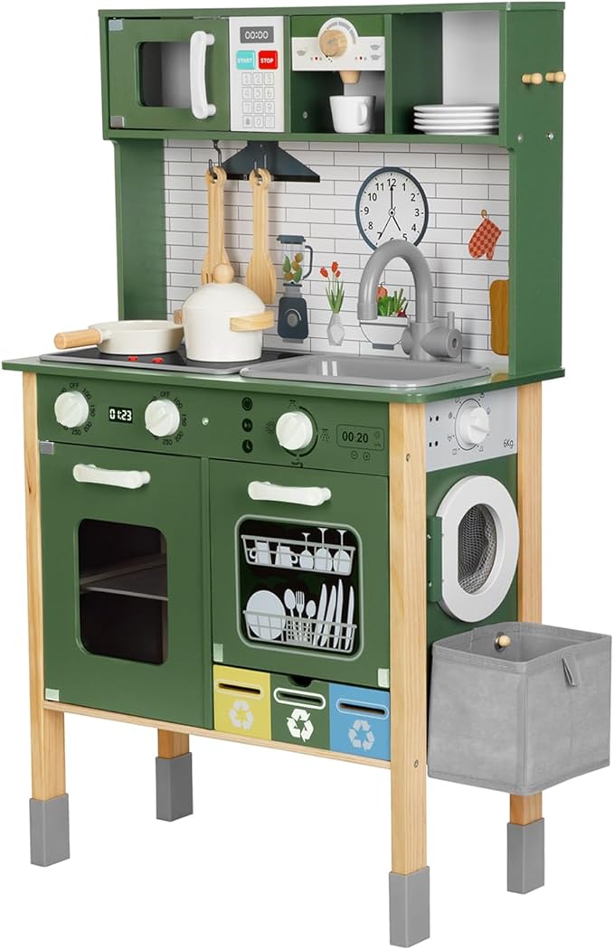 Kids Kitchen Playset for Toddlers 3-5 Years, Wooden Play Kitchen for Toddlers with Coffee Maker, Microwave, Dishwasher and Washing Machine