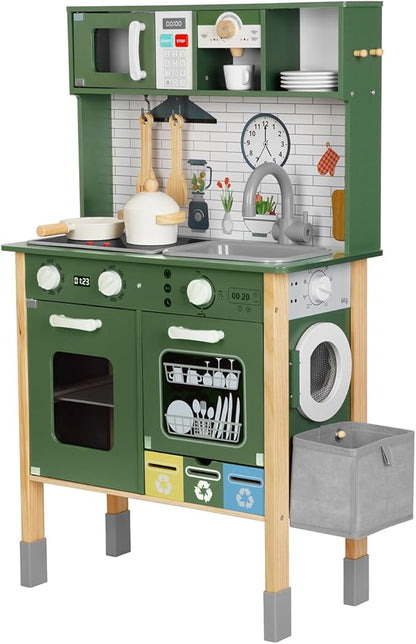 Kids Kitchen Playset for Toddlers 3-5 Years, Wooden Play Kitchen for Toddlers with Coffee Maker, Microwave, Dishwasher and Washing Machine