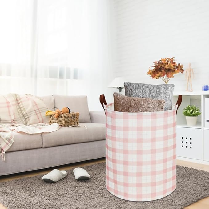 CLOCOR Kids Laundry Basket,Waterproof Baby Boys Nursery Hamper,Collapsible Fabric Storage Container,Toys Bin,Room Decor,Gift Basket（Pink Grid