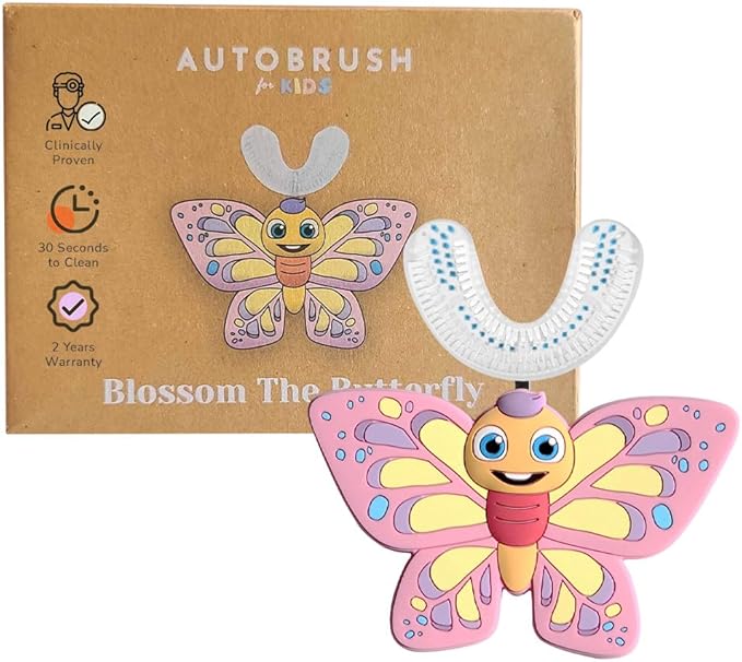 autobrush U Shaped Kids Manual Toothbrush- 360° Design for Upto 5.1X Better Cleaning with Unique Nylon Bristles, Comfort Grip Handle, Waterproof Design, Ages 3-5, Butterfly (Double-Sided)