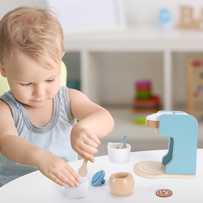 WHOHOLL Kids Coffee Maker Playset, Wooden Kitchen Toy Coffee Maker for Kids, Toddler Pretend Play Kitchen Accessories, Play Coffee Maker Wooden Toys, Espresso Machine Playset Gifts for Girls Boys