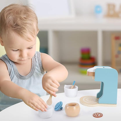 WHOHOLL Kids Coffee Maker Playset, Wooden Kitchen Toy Coffee Maker for Kids, Toddler Pretend Play Kitchen Accessories, Play Coffee Maker Wooden Toys, Espresso Machine Playset Gifts for Girls Boys