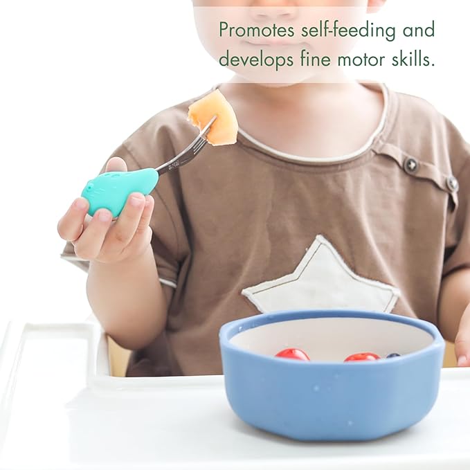 Baby Fork and Spoon Set with Carry Case Baby Training Utensils Self Feeding Toddler Silverware Silicone and Stainless Steel Kids and Toddler Utensil Set-Bees